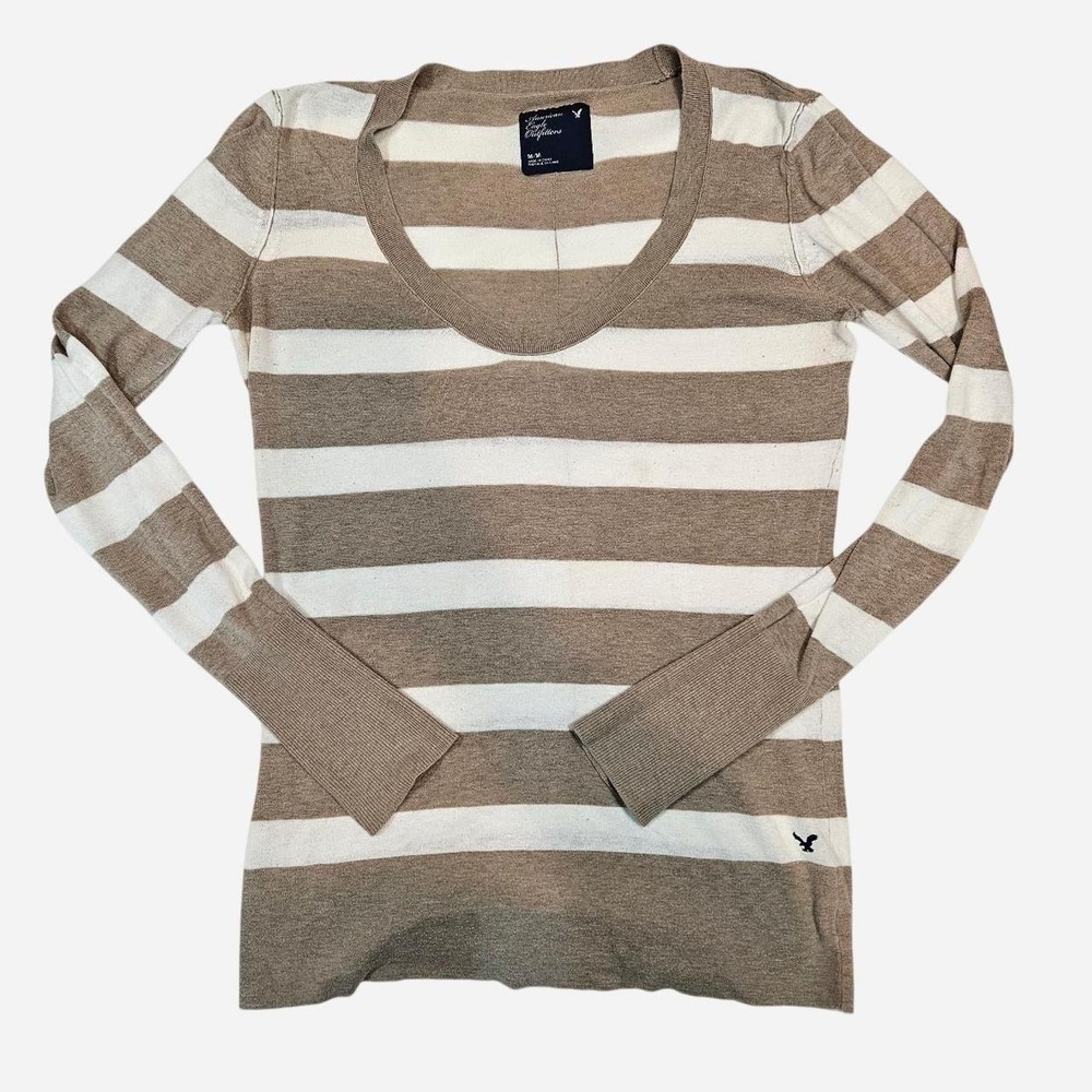 Y2K American Eagle Outfitters Taupe & White Striped Scoop Neck Top